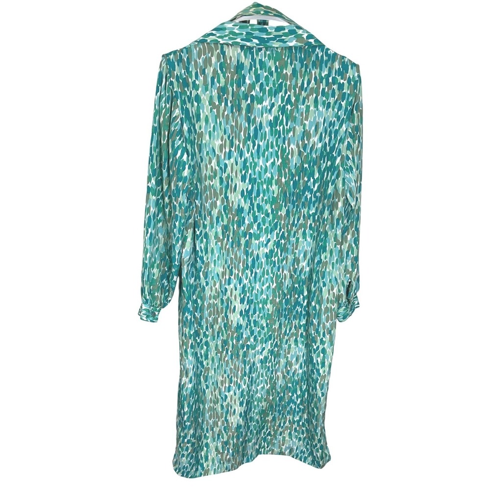 Schrader Petite 12 Teal Green Abstract Shirt Dress Belted Long Sleeve Vintage - Picture 3 of 8
